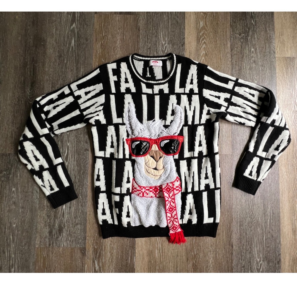 Holiday Time Llama Sweater Mens Medium Black White Fa La La Graphic Scarf 3D